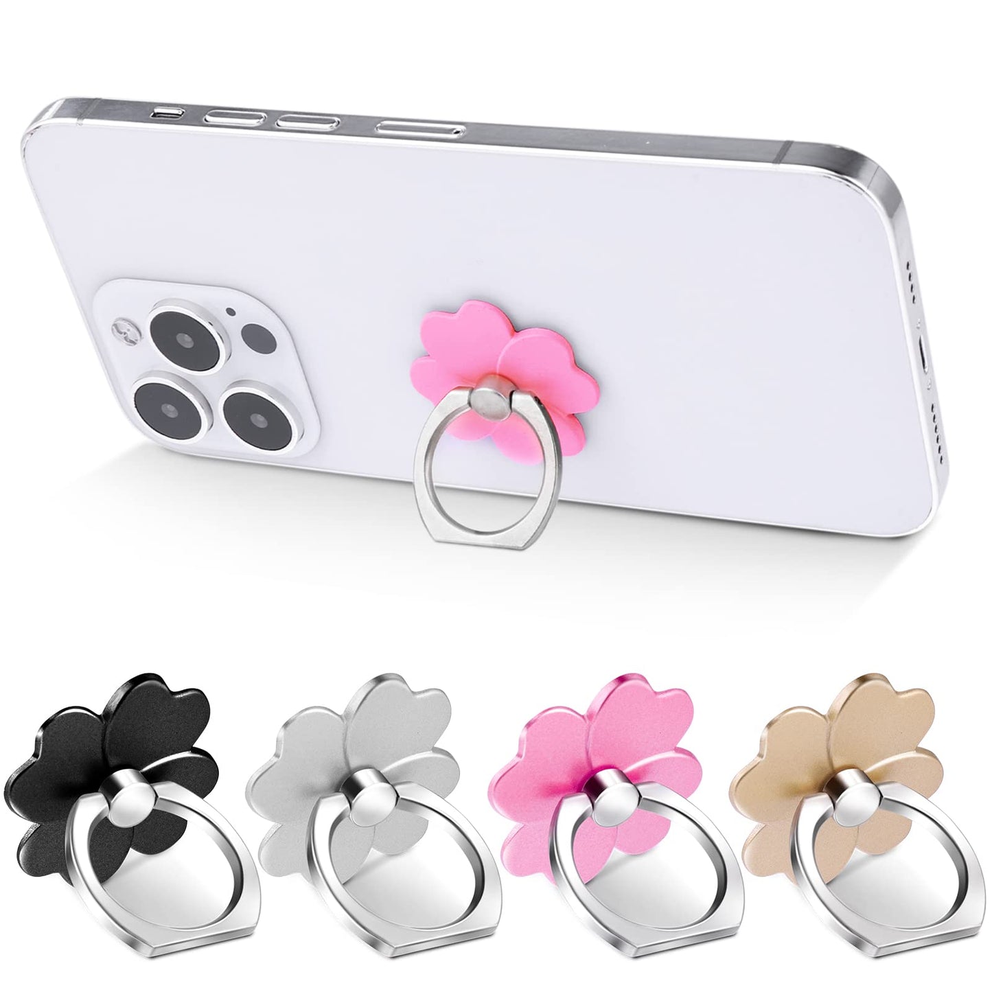 Cobee Cell Phone Ring Holder Kickstand, 4 Pcs Good Lucky Flower Metal Phone Grip Stick on Back, 360° Rotation 180° Flip Universal Kickstand Compatible with Smartphone, Tablet, Phone Case