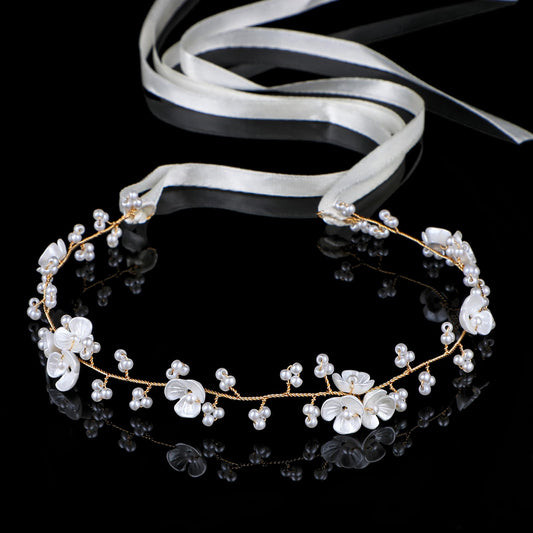 AOZUO Hair Accessories Girls Children Flower Girl Headdress Headband, White Pearls Flower Headband Princess Girls Wedding Hair Accessories Headband for Girls Birthday Party First Communion