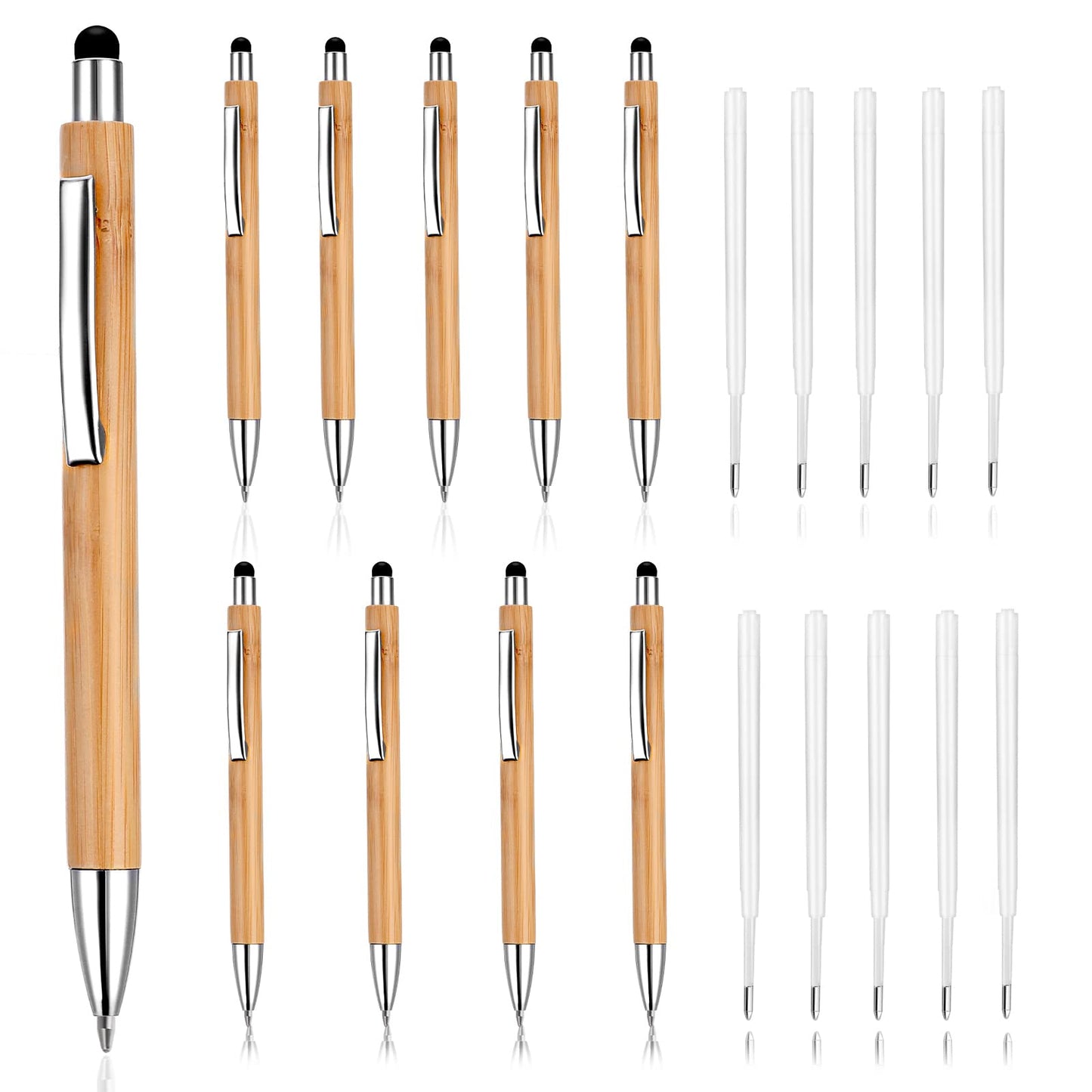 TIESOME Retractable Ballpoint Pen with Stylus Tip, 10 Bamboo Wooden Ball Point Pens with 10 Replaceable Refills 1.0mm Medium Point Black Ink Pen Stylus Pen for Touch Screens School Office Supplies