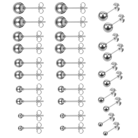 HJZHII 15 Pairs Dot Stud Earrings, Unisex Stainless Steel Stud Earrings, Ball Earrings, Silver Ball Earrings, Tiny Stud Earrings for Women and Men, 3 mm, 4 mm, 5 mm, 6 mm, 7 mm