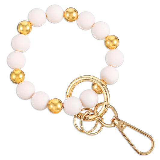 AOZUO Silicone Beaded Keychain for Women, Wristlet Keyring Elastic Boho Bracelet Bangle Key Chain Holder for Car Wallet, Gold+white