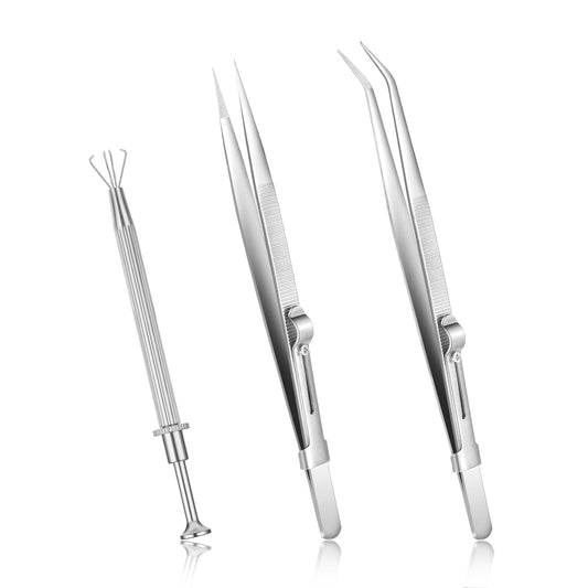 Bewudy 3Pcs Piercing Ball Grabber Tool Set, Diamond Tweezers Jewelers Holder Pick up Tool, Precision Stainless Steel Jewelry Locking Tweezers for Tiny Objects IC Chip Electronic Components