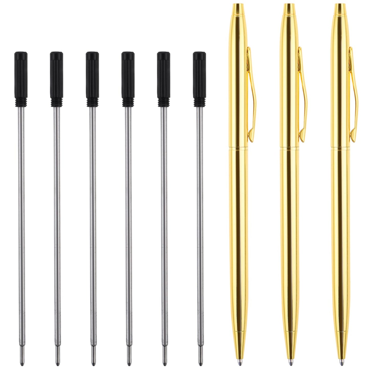 Bewudy 3PCS Metal Ballpoint Pens with 6 Refills, Slim Gold Pens Black Ink Pens Gifts Pens Business Office Hotel Bank Counter Oily Ballpoint Pen Students Writing Pens Nice Gift for Weddings Christmas