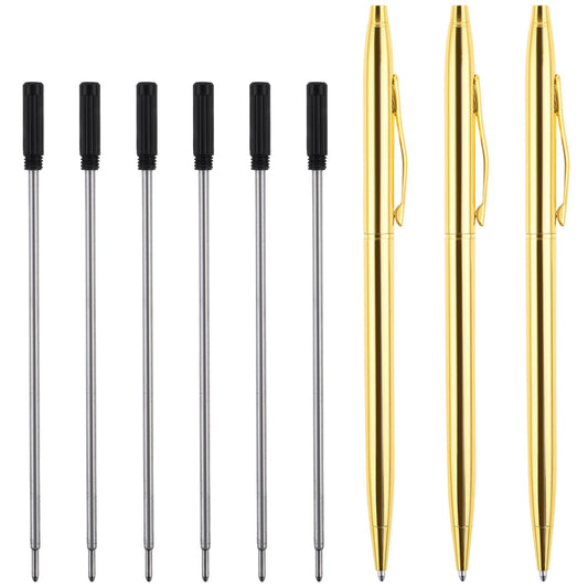 Bewudy 3PCS Metal Ballpoint Pens with 6 Refills, Slim Gold Pens Black Ink Pens Gifts Pens Business Office Hotel Bank Counter Oily Ballpoint Pen Students Writing Pens Nice Gift for Weddings Christmas