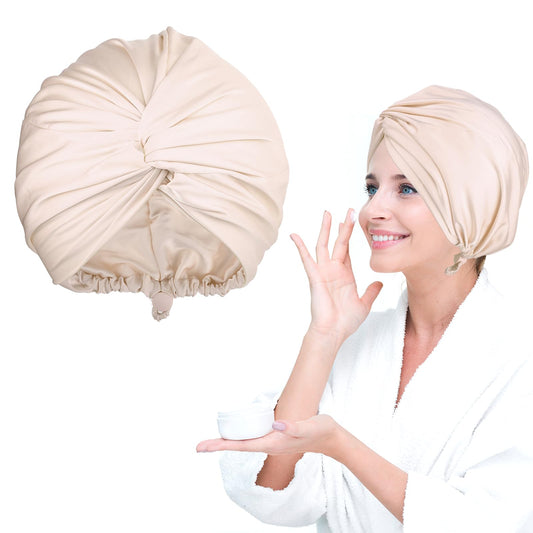 Giantree Silk Bonnet for Sleeping Women, Adjustable Silk Hair Wrap for Sleeping, Double-Layer Silk Satin Bonnet Night Wrap Sleep Cap, For Large Long Curly Hair Braid Women Men(Champagne)