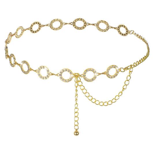 Andibro Women Metal Chain Belt, Adjustable Waist Link Belt Circle Diamond Fashion Waist Chain Belly Belt Body ChainsShiny Waist Chain Belt for Dresses Jeans Pants