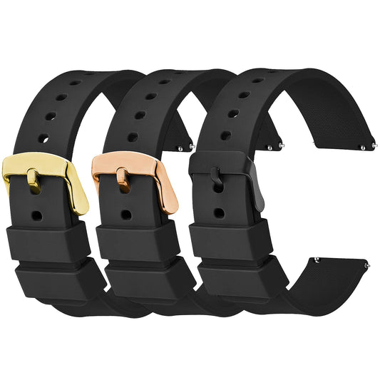 Amaxiu 3PCS Silicone Watch Bands, Quick Release Waterproof Watch Straps Soft Sport Replacement Watch Strap for Men Women(22mm, Black+Rose Gold+Gold Buckle)