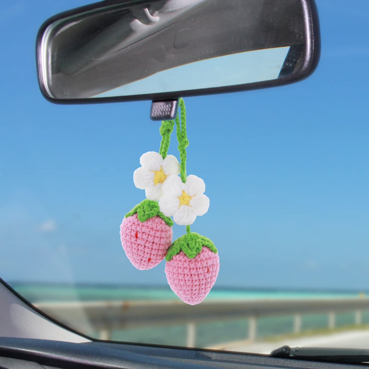 TIESOME Car Mirror Charms, Pink Strawberry & Flower, 2 Pcs Car Rearview Mirror Decor, Hand Knitted Acrylic Car Decor for Women, Universal Fit