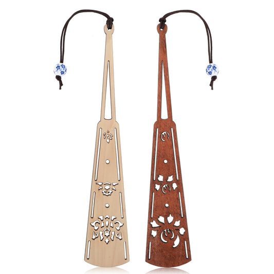 Amaxiu 2 Pcs Vintage Handmade Wooden Bookmark, Fan Shape Book Marks Valentines Day Gifts with Blue White Porcelain Pendant for Book Lovers Wedding Anniversary Men Women Gift(B)