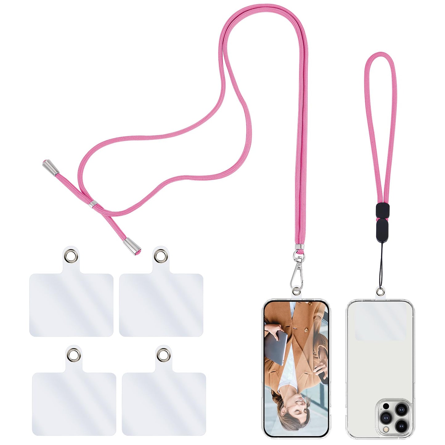 simarro Universal Cell Phone Lanyard, 2 Phone Chains with 4 Transparent Replacement Mobile Phone Straps Adjustable Nylon Neck Strap for All Smartphone Compatible with Most Phone Cases (Pink)