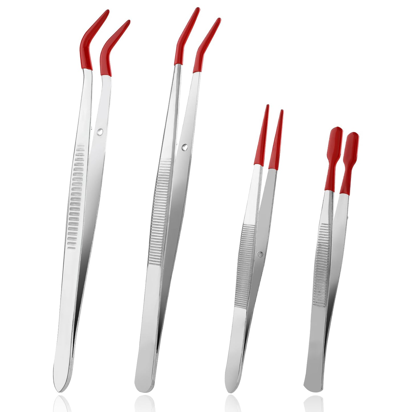Giantree 4 Pcs Rubber Tips Tweezers, Stainless Steel Tweezers PVC Coated Tweezers Set Rubber Straight Tip Tweezers Flat Tip Tweezer Long Bent Tweezers for Crafts Stamps Beads Jewelry Tools (Red)