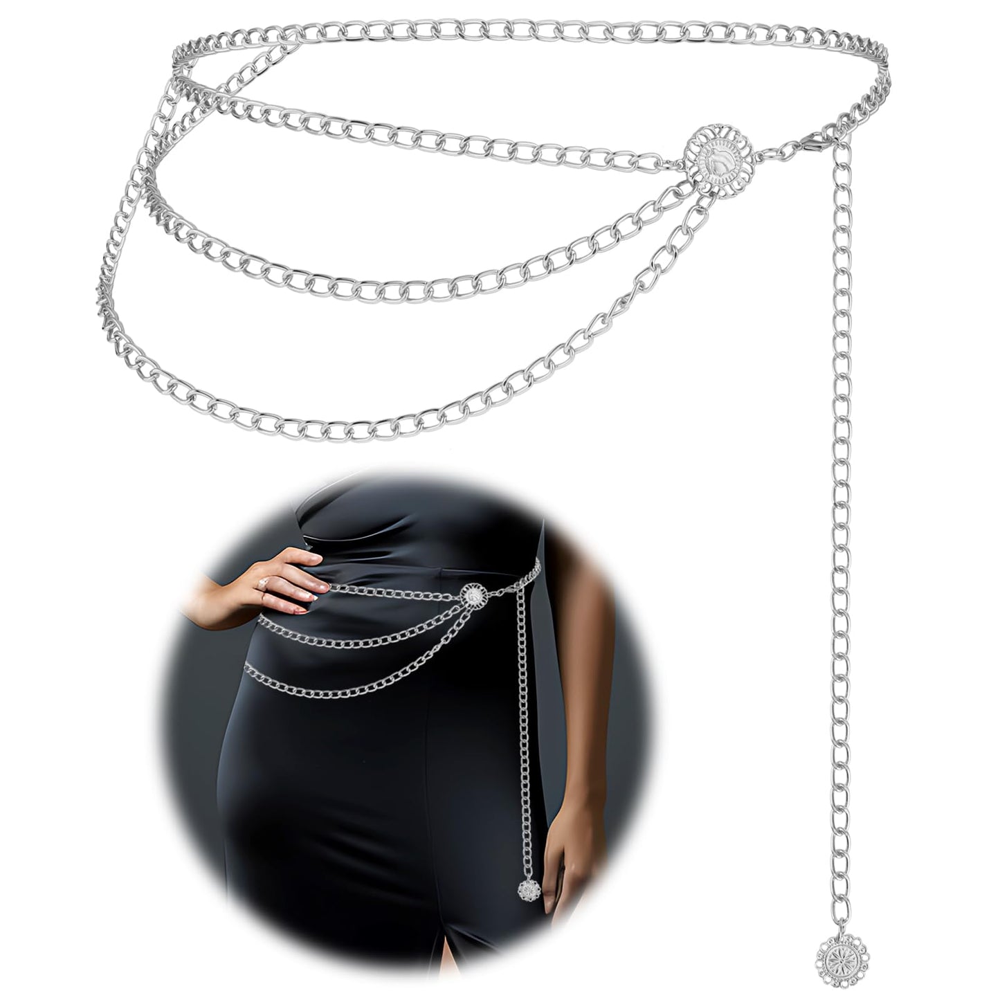 JIEYAO Multilayer Metal Chain Belts, Womens Metal Belts for Dresses Adjustable Body Belly Chain Long Waist Belt for Jeans(Silver,105cm/41.3in)