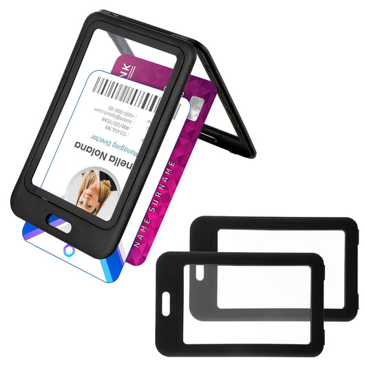 Bewudy 3 Pcs ID Badge Holder with Plastic Clip, Double-Sided Transparent Windows Horizontal ID Card Holder Waterproof for Office School ID Credit Cards Exhibition Cards Passes(Vertical Style)
