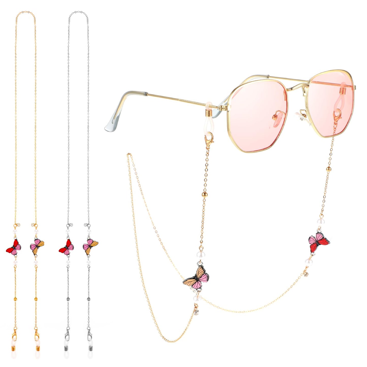 Amabro Eyeglasses Chain for Women, 2 PCS Butterfly Beaded Glasses Straps Mask Lanyard Necklace Eyewear Retainer Chain