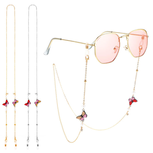 Amabro Eyeglasses Chain for Women, 2 PCS Butterfly Beaded Glasses Straps Mask Lanyard Necklace Eyewear Retainer Chain