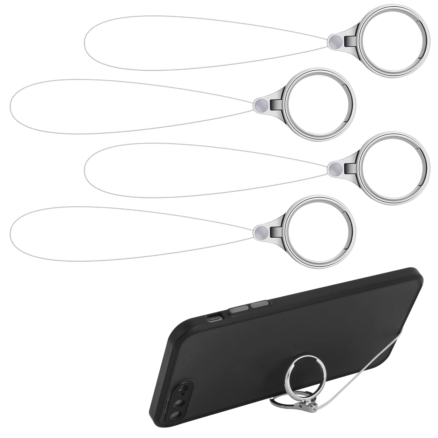 cobee Cell Phone Ring Straps, 4 Pcs Phone Finger Ring Holder, Phone Grip Holders, Phone Loop Charm, Finger Ring Chain Lanyard, Phone Kickstand Ring Holder Compatible with Most Moblie Phone(Silver)