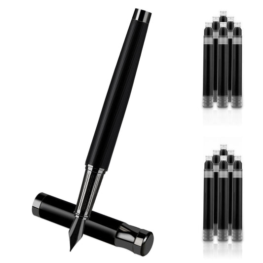 Amaxiu Luxury Fountain Pen Set, 0.5mm Fine Nib Metal Fountain Pen with Converter and 10 3.4mm Black Ink Cartridges Smooth Writing Fountain Pen Business Nice Pen for Office Men Women(Black)