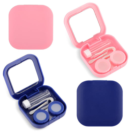 Amaxiu 2Pcs Contact Lens Case, Cute Contact Lens Box Holder with Mirror Portable Soak Storage Kit with Remover Tool Tweezer Solution Bottle Colorful Contact Lens Container for Travel Home(Pink+Blue)