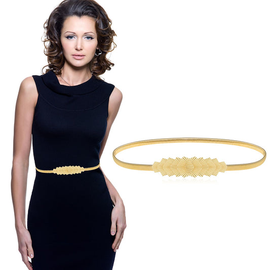 Giantree Women Fashion Skinny Metal Belt Gold Elastic Waist Belt Thin Belt for Dresses Stretch Metallic Waist Belt