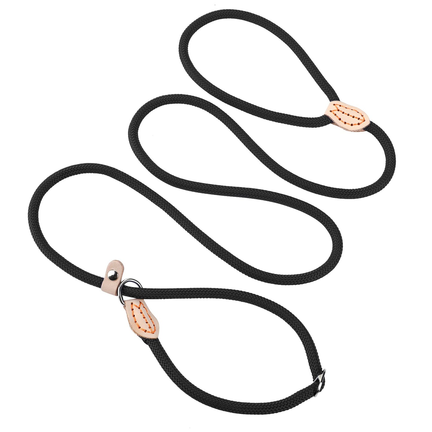 cobee Small Dog Rope Leash - Slip Lead Control, 5 FT x 1/3" No Pull Dog Loop Leash with Durable Leather Connector and Adjustable Metal Buckle P-Shaped Puppy Traction Rope for Small/Medium Dogs(Black)