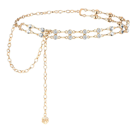 Amaxiu Women Rhinestone Chain Belt, Crystal Link Belt Metal Dress Belt Adjustable Skinny Waist Chain Belt(Gold)