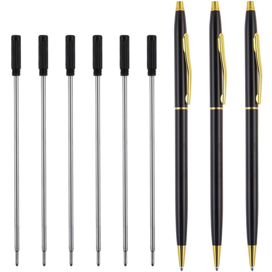 Bewudy 3PCS Metal Ballpoint Pens with 6 Refills, Slim Gold Pens Black Ink Pens Gifts Pens Business Office Hotel Bank Counter Oily Ballpoint Pen Students Writing Pens Nice Gift for Weddings Christmas