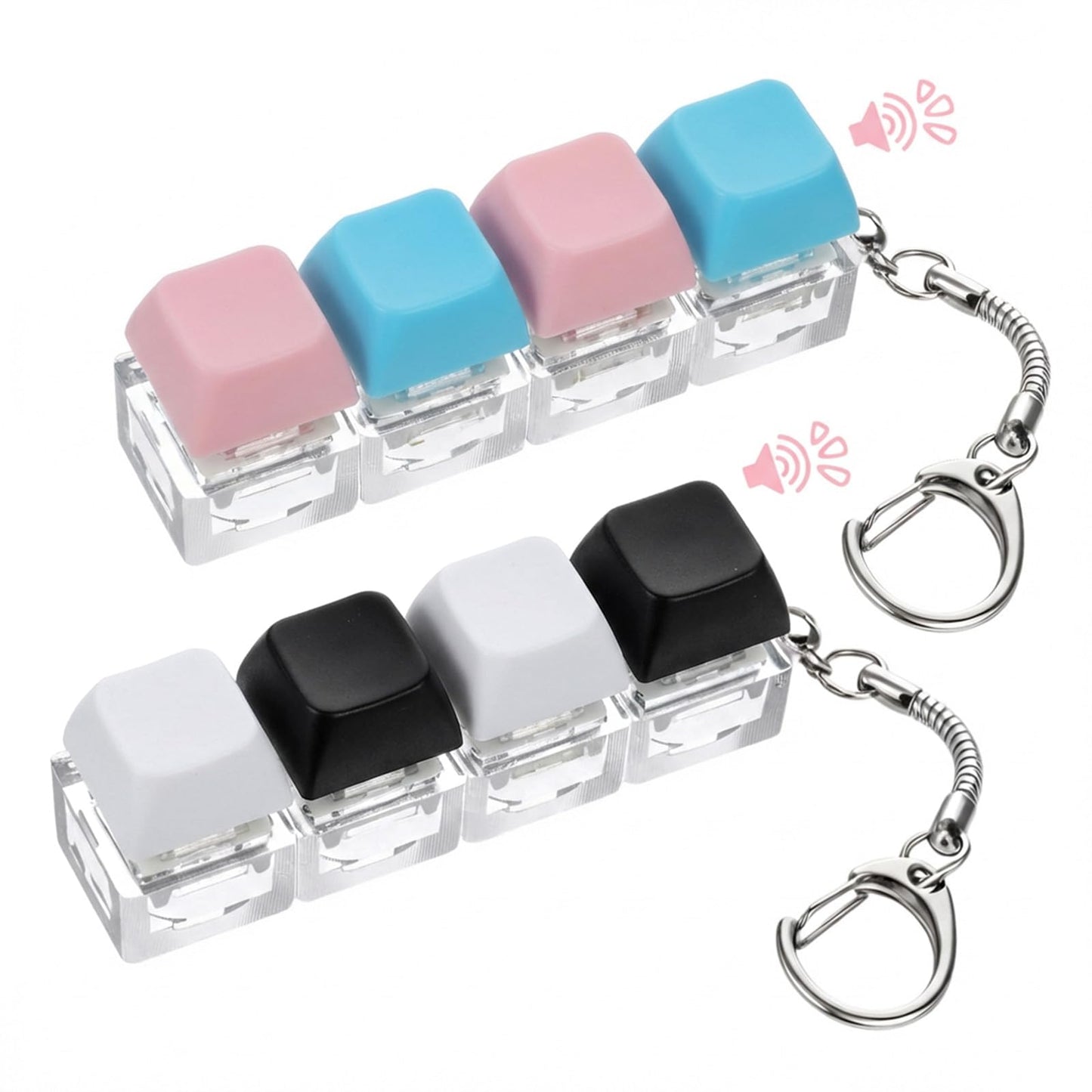 WJIAAA Keyboard Fidget Toys for Adults, Pack of 2 Keyboard Key Rings with Crisp Sound for Decompression Consumption Time (Black, White, Blue, Pink)