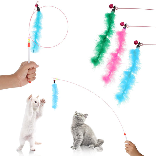 Bewudy Cat Wand Interactive Toy, 3 Sets Cat Feather Toys with Bell, Cat String Toy for Indoor Interactive, Bird Feather Pet Teaser Wand, Pet Toys for Kitten Exerciser Accessories