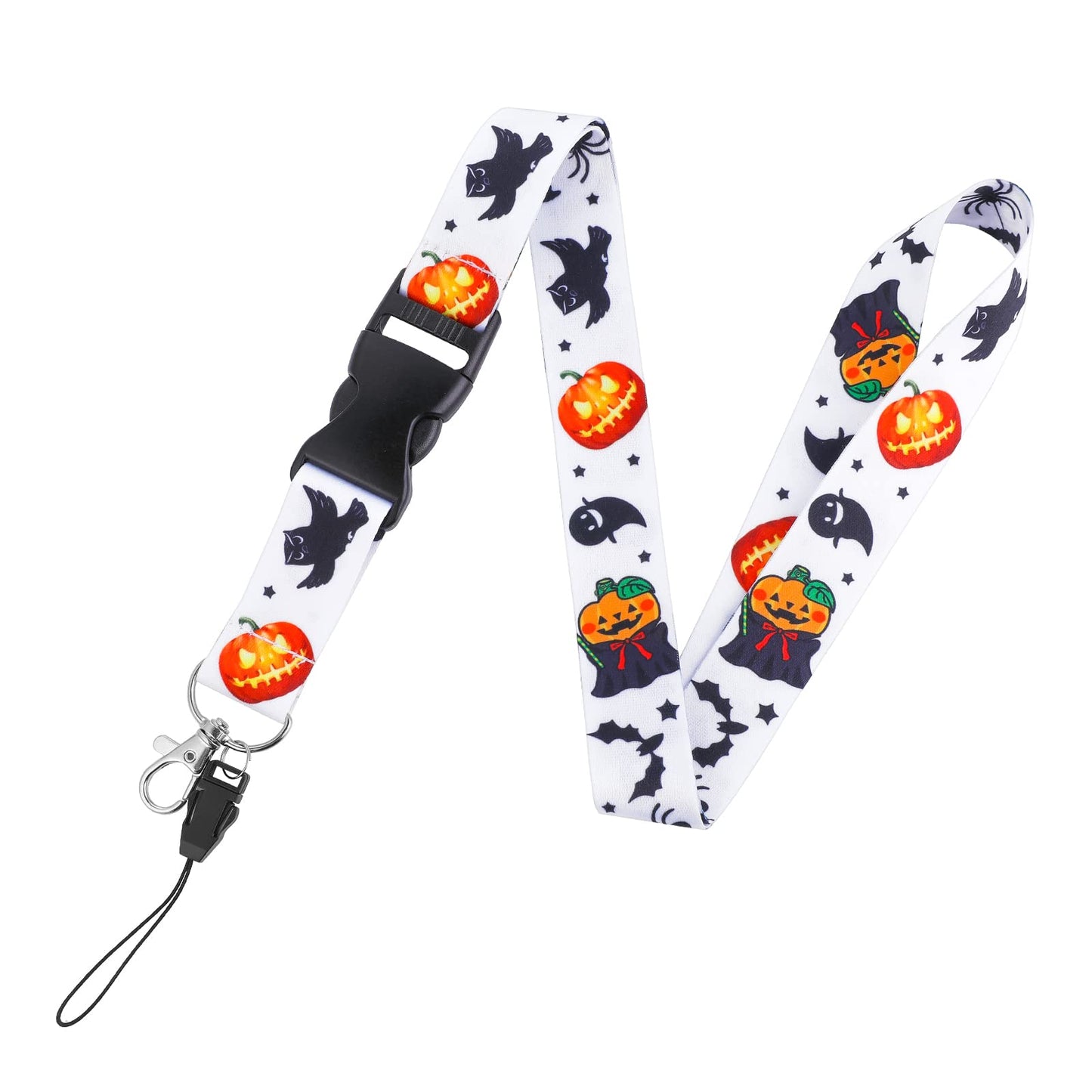 cobee Halloween Series Keychain Lanyard for Keys Phone, Detachable Soft Fabric Neck Lanyard with Swivel Lobster Clasp, Badge Lanyard with Pumpkin, Bat, Ghost, Spider, Owl Halloween Pattern(White)