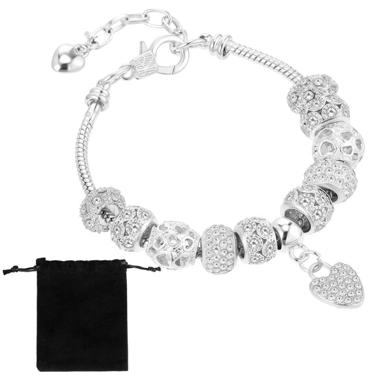 HJZHII Silver Beads Bracelets for Women, 7"+ 2" Extender Chain Link Bracelet Rhinestone Heart Charm Bracelet Luxury Adjustable Bangle with Fluffy Bag
