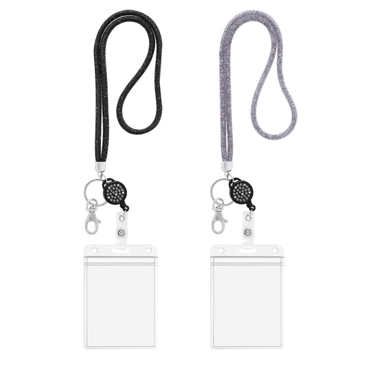 Molain 2 Pieces Crystal Lanyard with Retractable Badge Holder Reel, Bling Crystal Lanyard Strap ID Card Holder Lanyard Neck Strap Lanyard