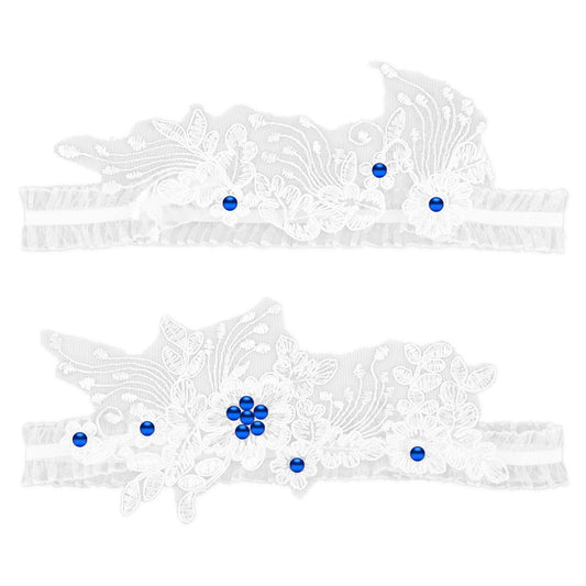 Amabro Bride Wedding Garter, 2PCS Lace Floral Garters Elastic Leg Garter Set with Pearls Bridal Accessories for Women and Girls (White) (Blue)