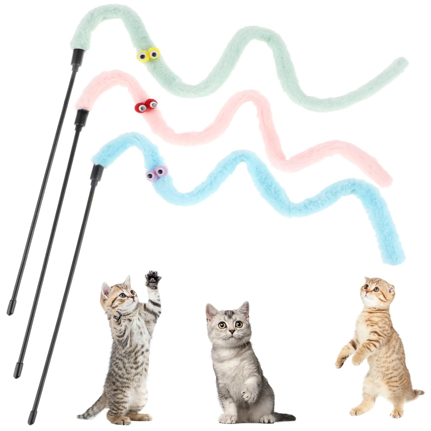 Andibro 3Pcs Colorful Interactive Cat Wand Toys, Macaron Kitten Ribbon Charm Wand Multicolor Cat String Toy Cat Teaser Wand String Ribbon Charm Stick for Indoor Cat Kitten Exercise(B)