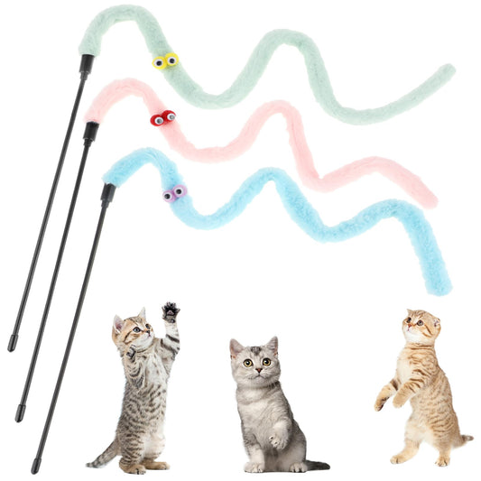 Andibro 3Pcs Colorful Interactive Cat Wand Toys, Macaron Kitten Ribbon Charm Wand Multicolor Cat String Toy Cat Teaser Wand String Ribbon Charm Stick for Indoor Cat Kitten Exercise(B)