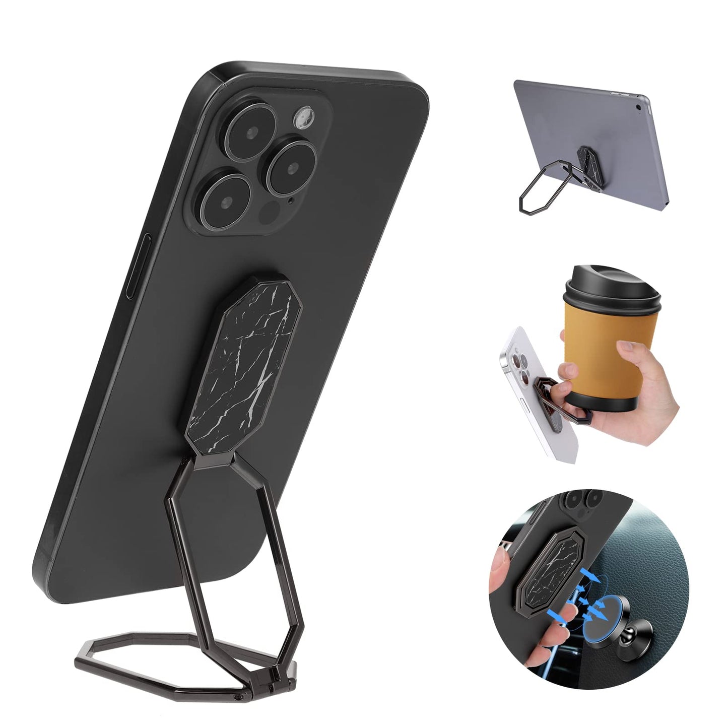 cobee Phone Ring Holder Finger Kickstand, Octagon 360° Rotation Foldable Cell Phone Stand Adjustable Phone Holder Metal Phone Back Grip for Magnetic Car Mount Smartphones(Black with Marble Texture)