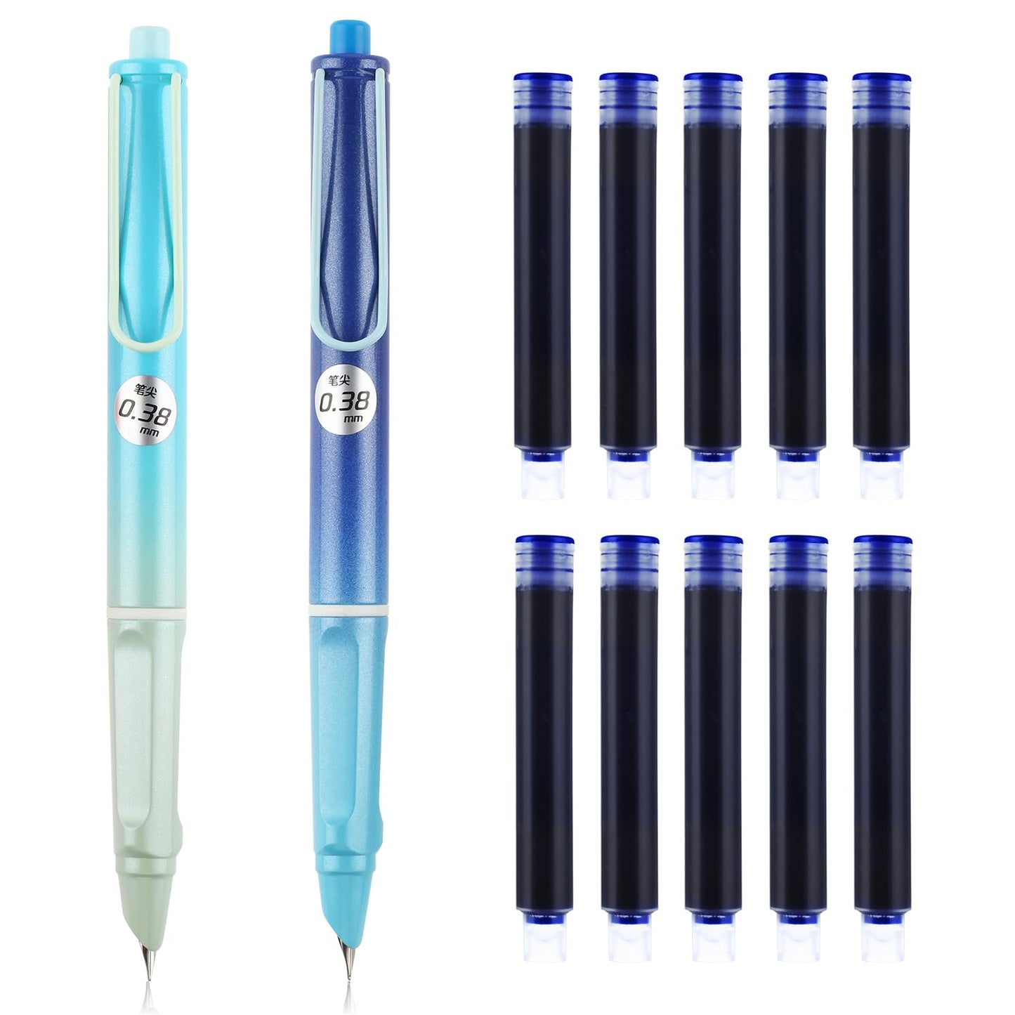 cobee Erasable Retractable Fountain Pen, 2 Pieces Aesthetics Fountain Pen with 10 Erasable Blue Ink Sac 0.38mm Writing Pen for Calligraphy Drawing Crossword Puzzles(B)
