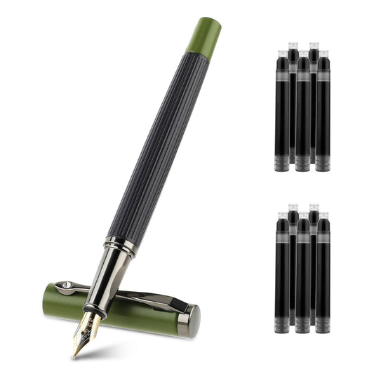 Amaxiu Metal Black Fountain Pen Set, 0.5mm Fine Nib Fountain Pen with 10 3.4mm Ink Cartridges and 1 Converter Smooth Writing Luxury Calligraphy Pen Office School Supplies Gift(Green)