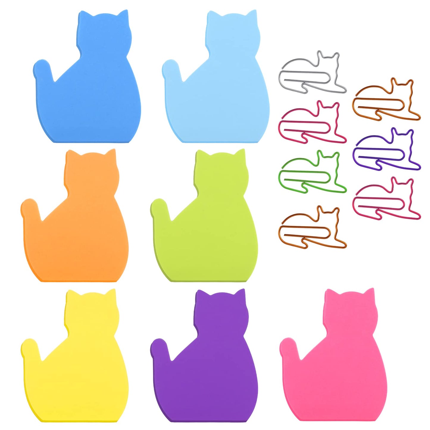 Cobee Cat Sticky Notes with Paper Clips, 7 Pack Cute Self-Stick Memo Note Pads Sticky Pad Cat Paper Clips Index Tabs (A)