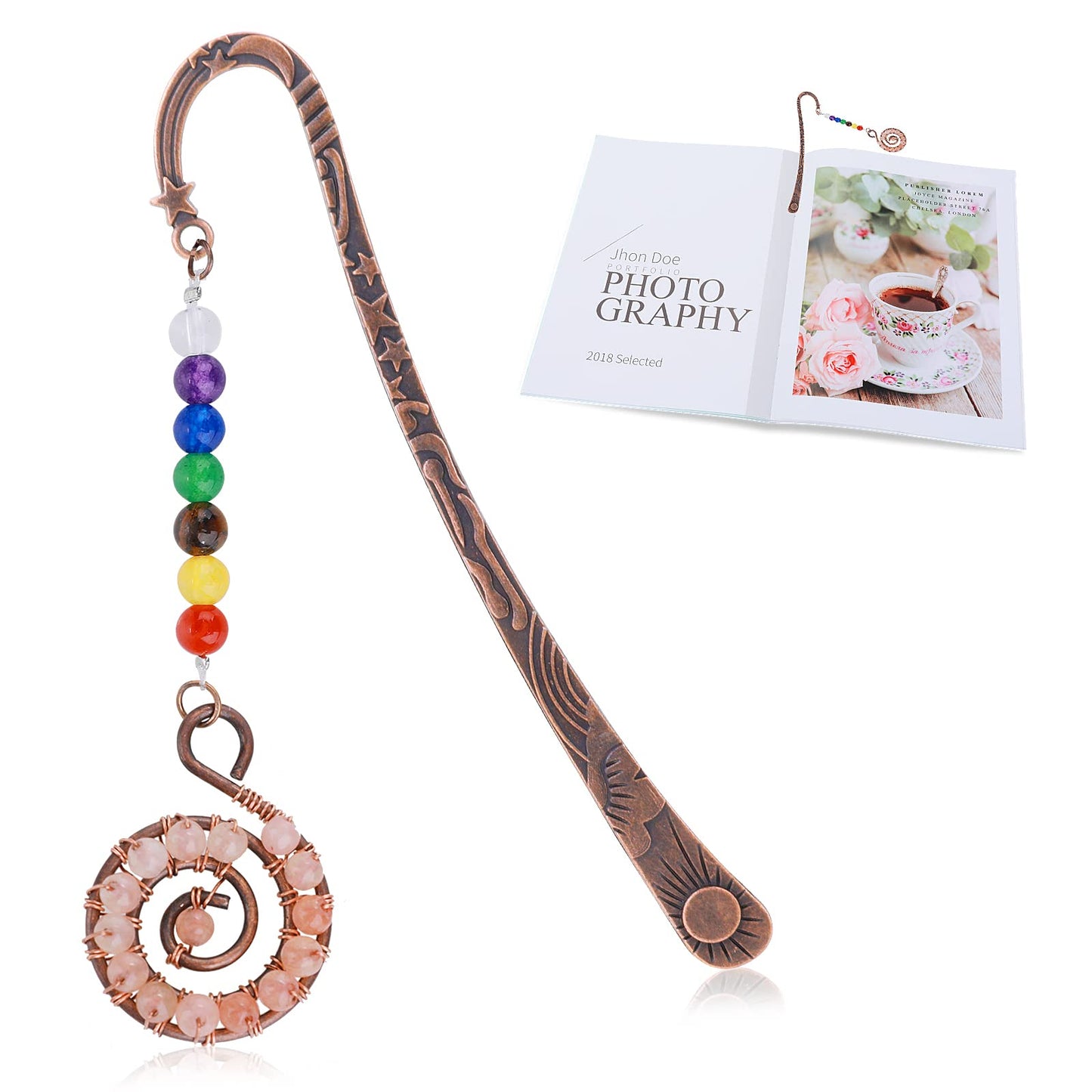 cobee Vintage Metal Bookmark with Tree of Life, 7 Chakra Healing Crystal, Pink, 12.0 cm x 3.5 cm, 0.023 kg, 1 Piece