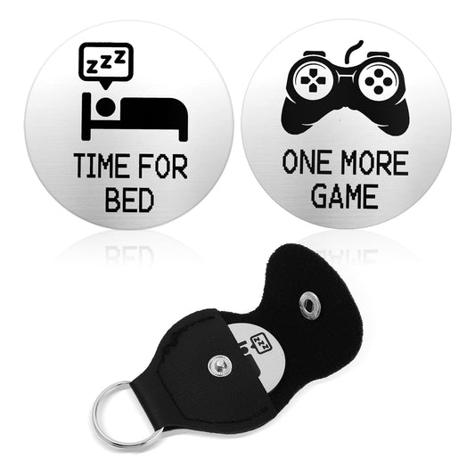 Amaxiu 3pcs Funny Decision Coins - Time for Bed/One More Game, Novelty Decision Maker Coin Leather Pocket Token Stainless Steel Destiny Flip Keychain Gifts for Game Lovers(Silver)