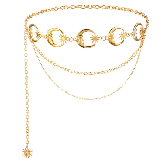 Andibro Moon Star Multilayer Waist Chain Belt, Metal Fashion Sun Pendant Waist Belt Skinny Belts for Jean Pants Dress(gold moon)