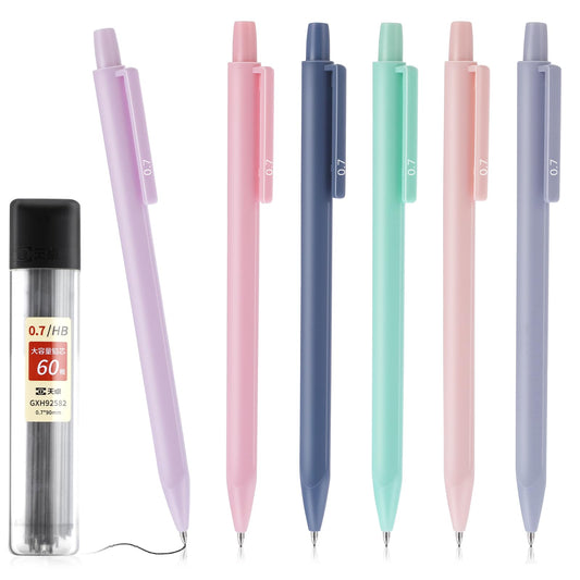 Bewudy 6PCS Pastel Mechanical Pencil with 60PCS HB Refills, Cute Mechanical Pencils 0.7mm Aesthetic Pencils Retractable Artist Pencil for Writing, Sketching, Drawing Office School Supplies