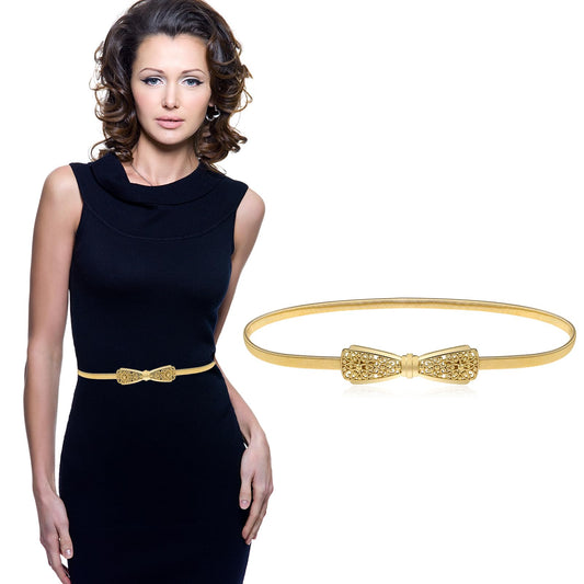 Jeffdad Skinny Metal Elastic Waist Belt For Women, Cute Bowknot Metal Buckle Skinny Stretch Waist Belt For Women Dress(Gold)