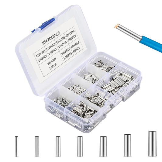 Jeffdad 700 Pcs Wire Ferrules Kit, 7 Sizes Wire Copper Crimp Fitting Ferrules, 22-18 AWG 16-14 AWG 12-10 AWG Non Insulated Wire Connectors Electrical Cable Pin Cord End Terminals