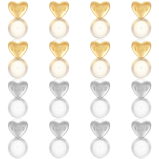 MBAIYO 16 Pcs Silicone Heart Earring Backs for Droopy Ears, Earring Support Backs Replacement Secure Lifters for Heavy Ear Rings Studs(Gold, Silver)