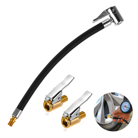 cobee Air Tyre Tire Chuck with Tyre Pump Hose, 9.3"/24cm Valve Air Rubber Hose Push on Locking Tire Chuck Tire Inflator Pump Hose Adapter + 2 Pcs Metal Truck Tyre Valve Air Pump Clip Thread Nozzle