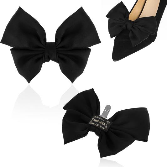 Jeffdad 2 Pcs Elegant Bow Shoe Clips Charms for Women, Black Satin Bow Shoe Buckle Clips, Detachable Shoe Clips Wedding Party Shoe Accessories