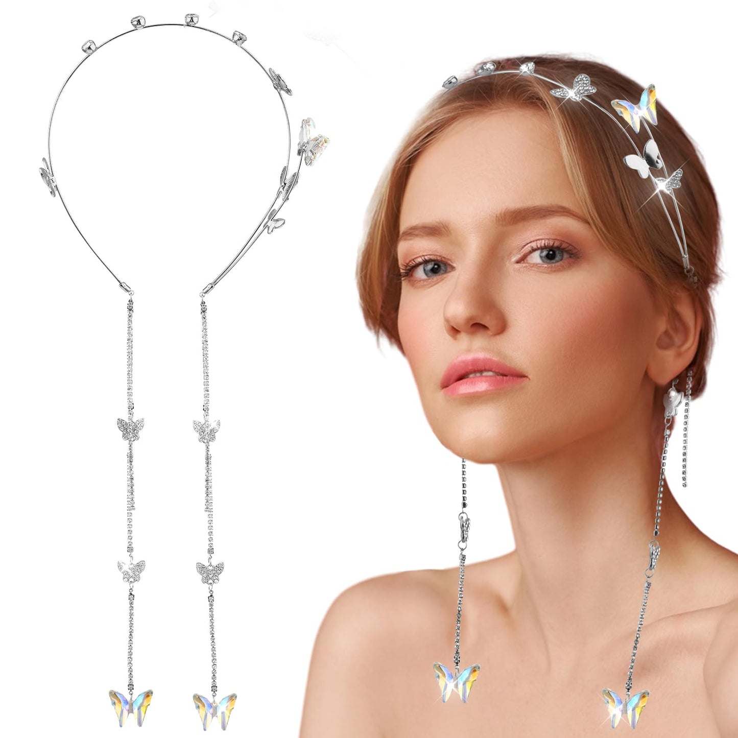 TIESOME Wedding Butterfly Headband for Women, Shinny Rhinestone Tassel Head Chain Crystal Headpieces Decorative Elegant Headwear Hair Hoop Band Headdress Hair Accessories for Women Girls