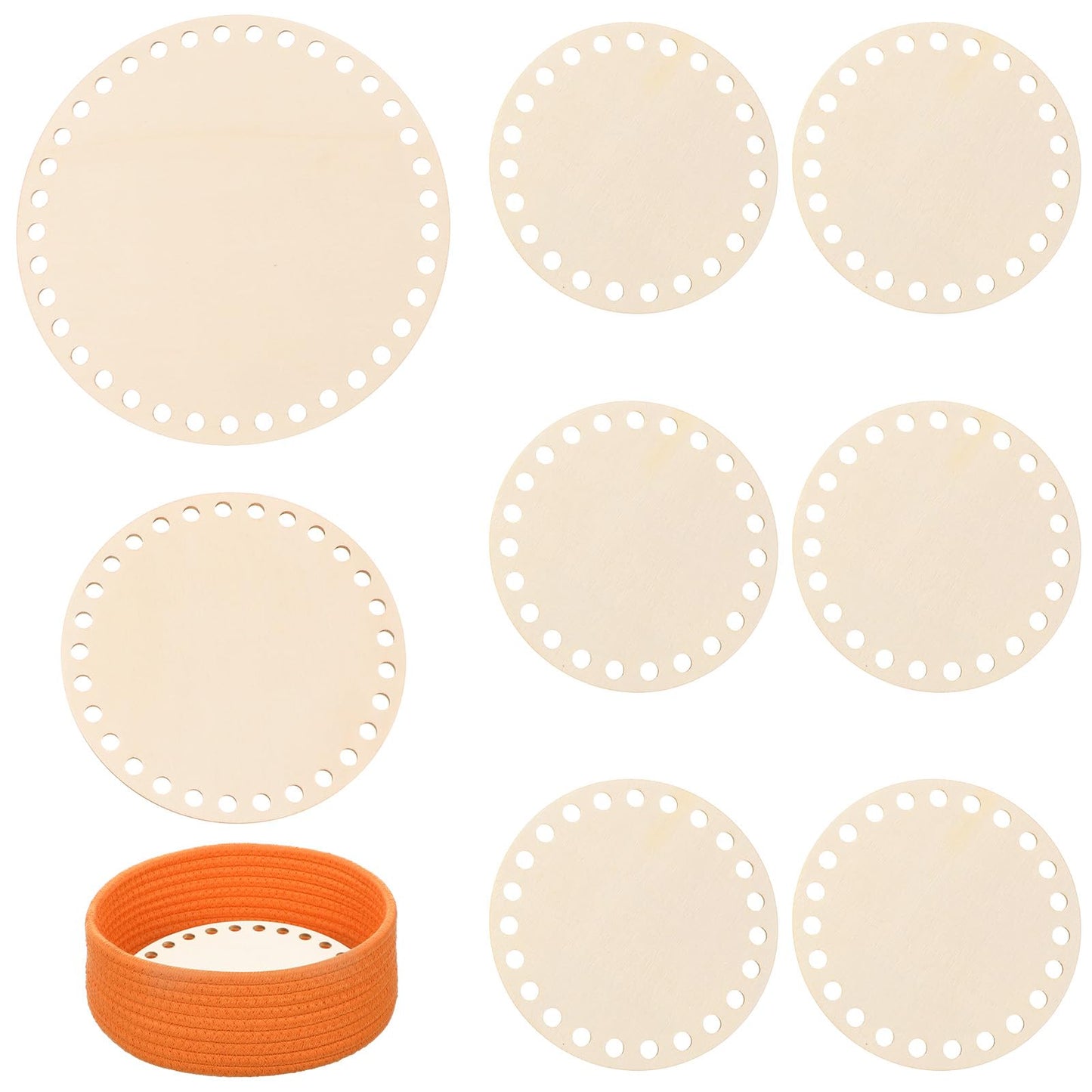 WJIAAA Pack of 8 Wooden Base for Crochet Baskets, 10-15 cm Basket Base for Crochet with 6.5 mm Holes, DIY Craft Set for Bag Base, Basket Braiding & Crochet Projects, Natural Colours