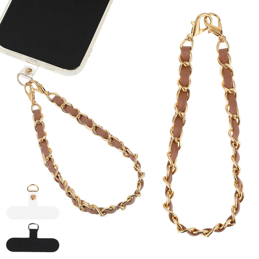 Amaxiu PU Leather Phone Charm for Women, Metal Phone Chain Lanyard Hands-Free Wrist Strap Cellphone Wrist Adjustable Strap Grip Compatible with Most Smartphones(Brown Golden)